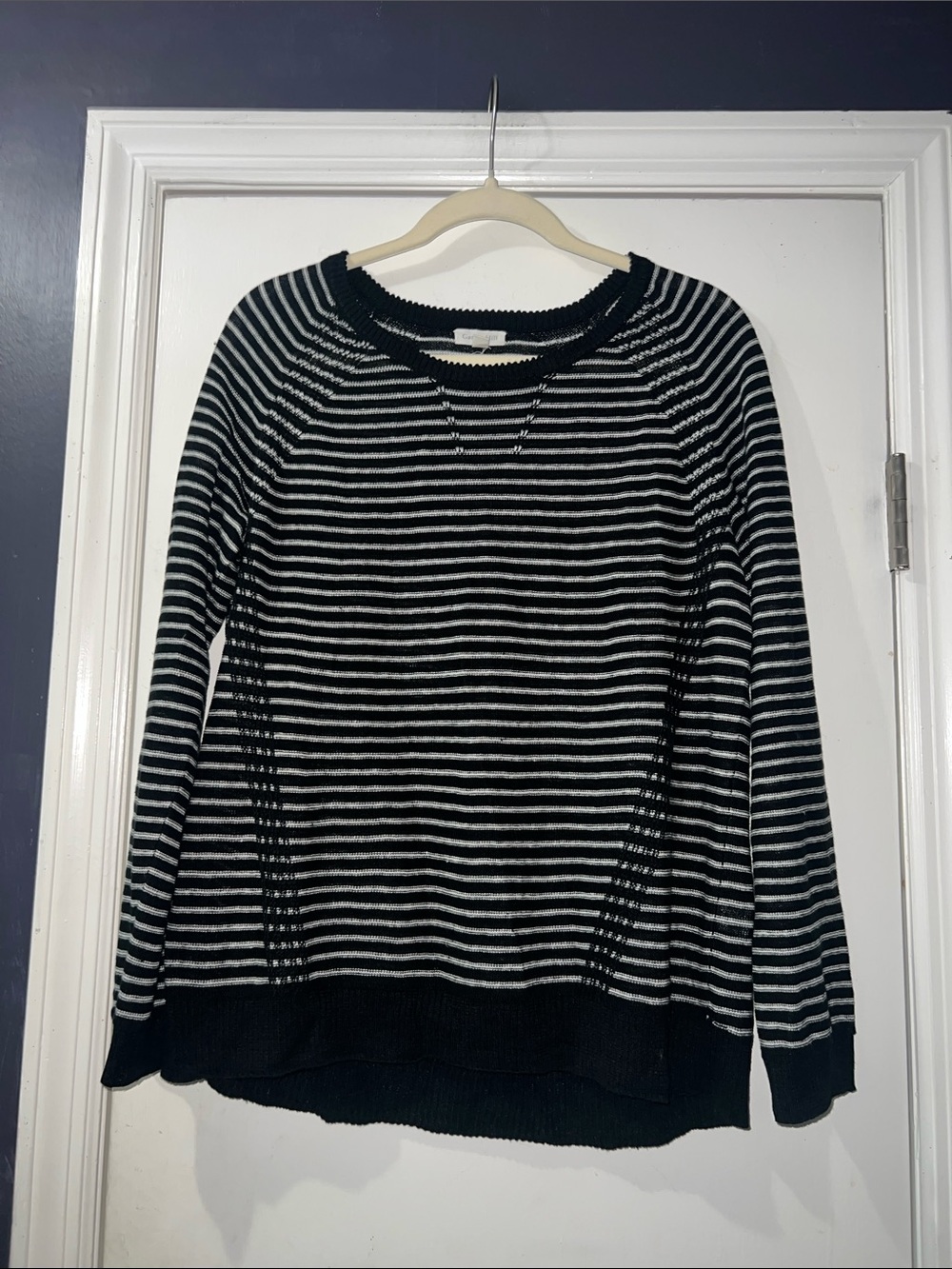 Garnet Hill Black and White Striped Crewneck Sweater